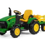 John Deere kinder tractor + aanhanger, 2 x 12 volt motoren met afstandsbediening